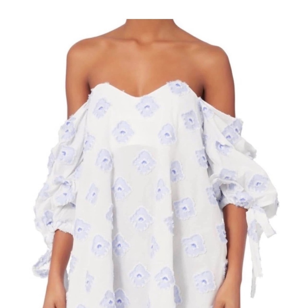 Off-Shoulder White Dress with Blue Floral Pattern